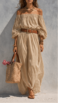 Women's Cotton‑blend Off‑the‑Shoulder Puff‑Sleeve Belted Wide‑Leg Jumpsuit - Nordfashionstorm - Women's Clothing, Fashion for You - Nordfashionstorm.com