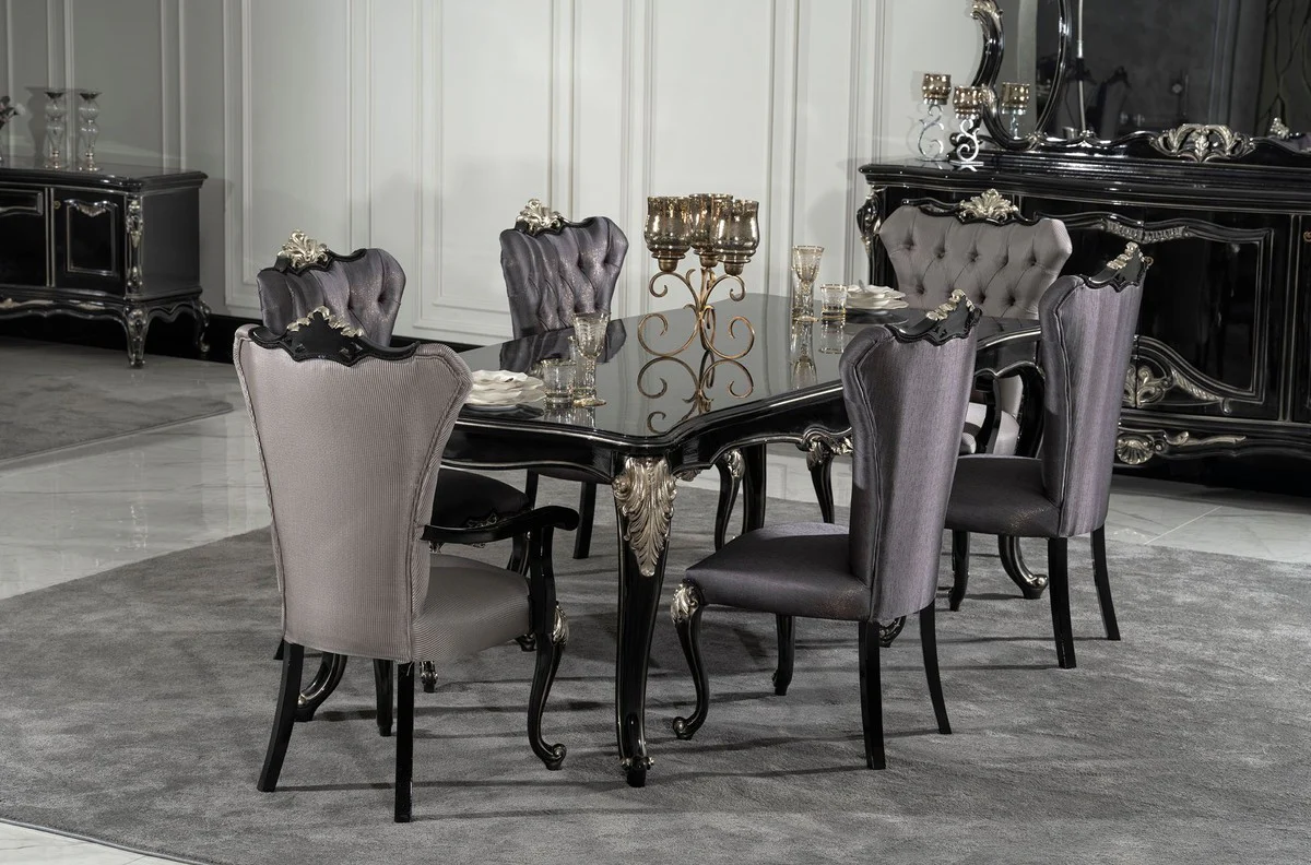 Luxury Baroque Dining Room Chair with Armrests Silver / Black / Silver - Magnificent Baroque Style Kitchen Chair - Luxury Dining Room Furniture in Baroque Style - Baroque Furniture - Noble & Magnificent