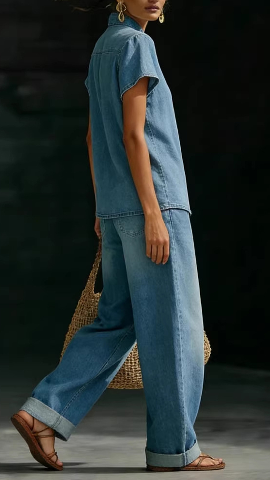 Women's Cotton-Blend Denim-Effect Halter Neck Top & Wide-Leg Pants Set - Nordfashionstorm - Women's Clothing, Fashion for You - Nordfashionstorm.com