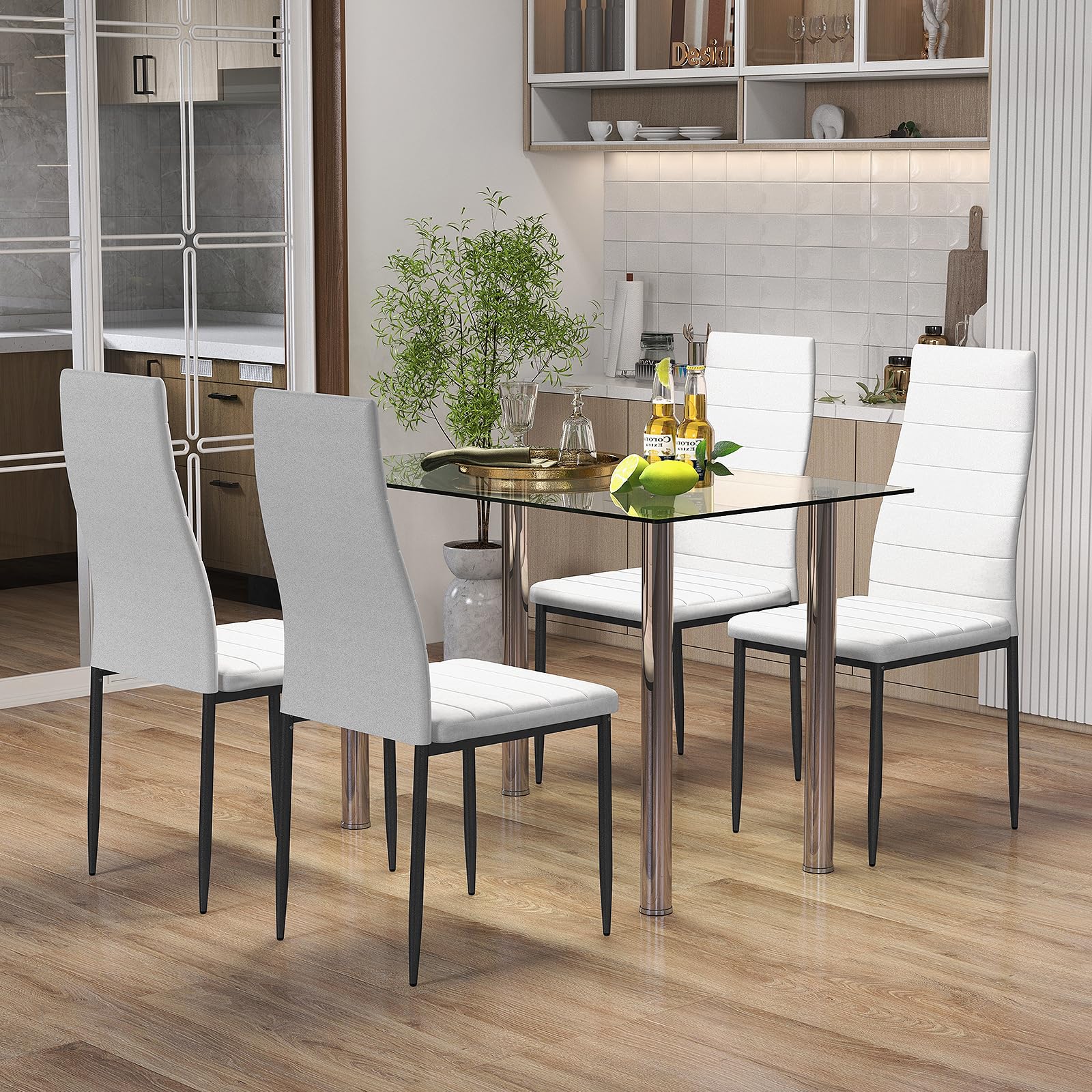 BEFOUNDLOVELY 5 Piece Dining Table Sets, Modern Tempered Glass Top and PVC Leather Chair w/4 Chairs