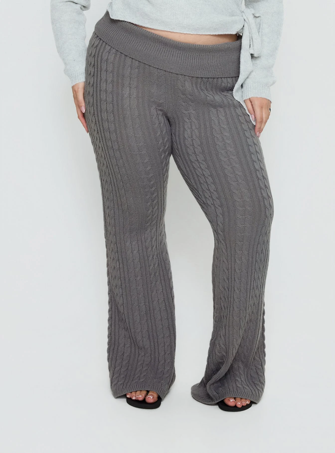 Baleigh Cable Knit Foldover Pants Grey Curve