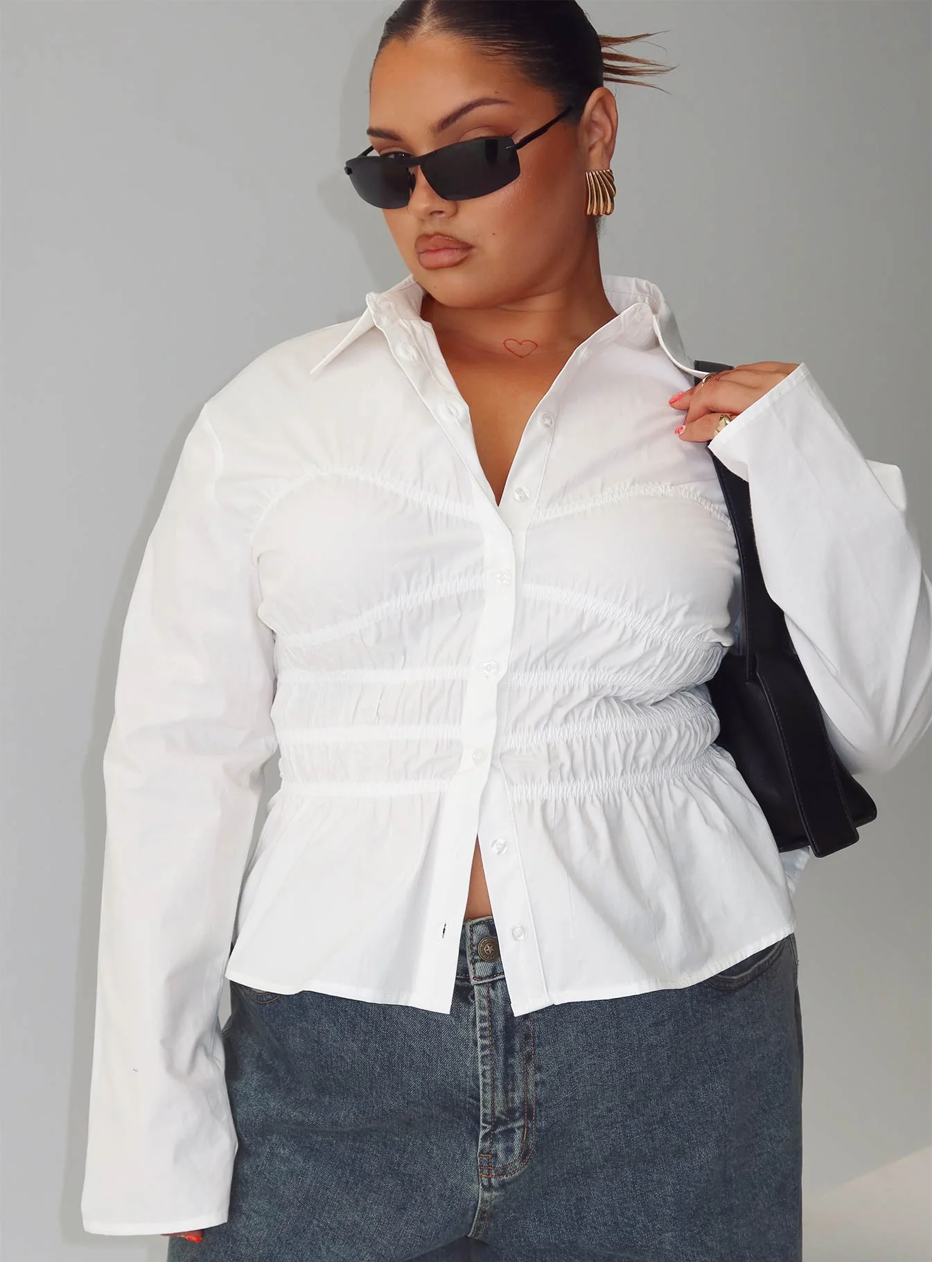 Liesel Shirred Long Sleeve Top White Curve