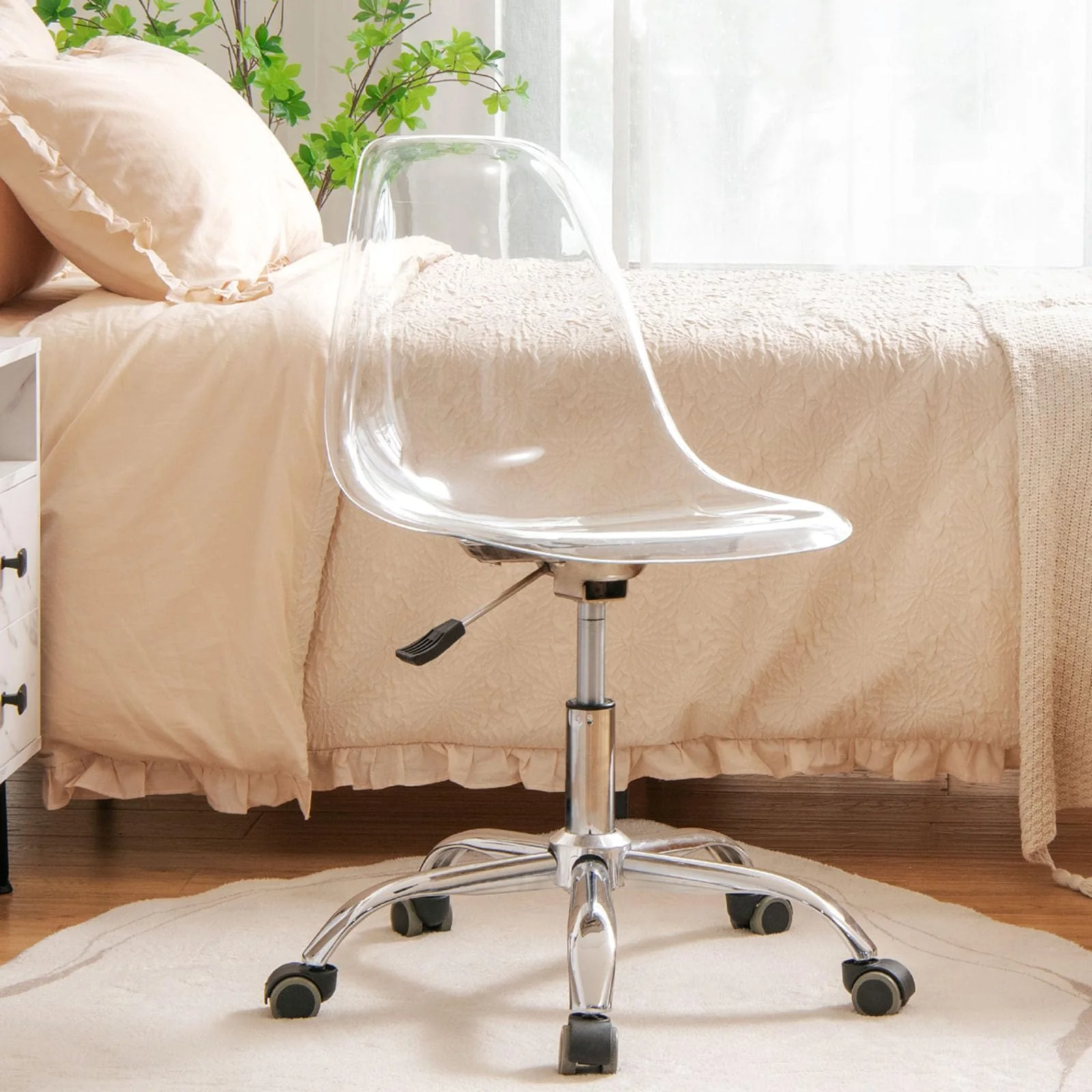 BEFOUNDLOVELY Acrylic Clear Desk Chair, Armless Swivel Vanity Ghost Plastic Chair with Sturdy Metal Base & Smooth Wheels