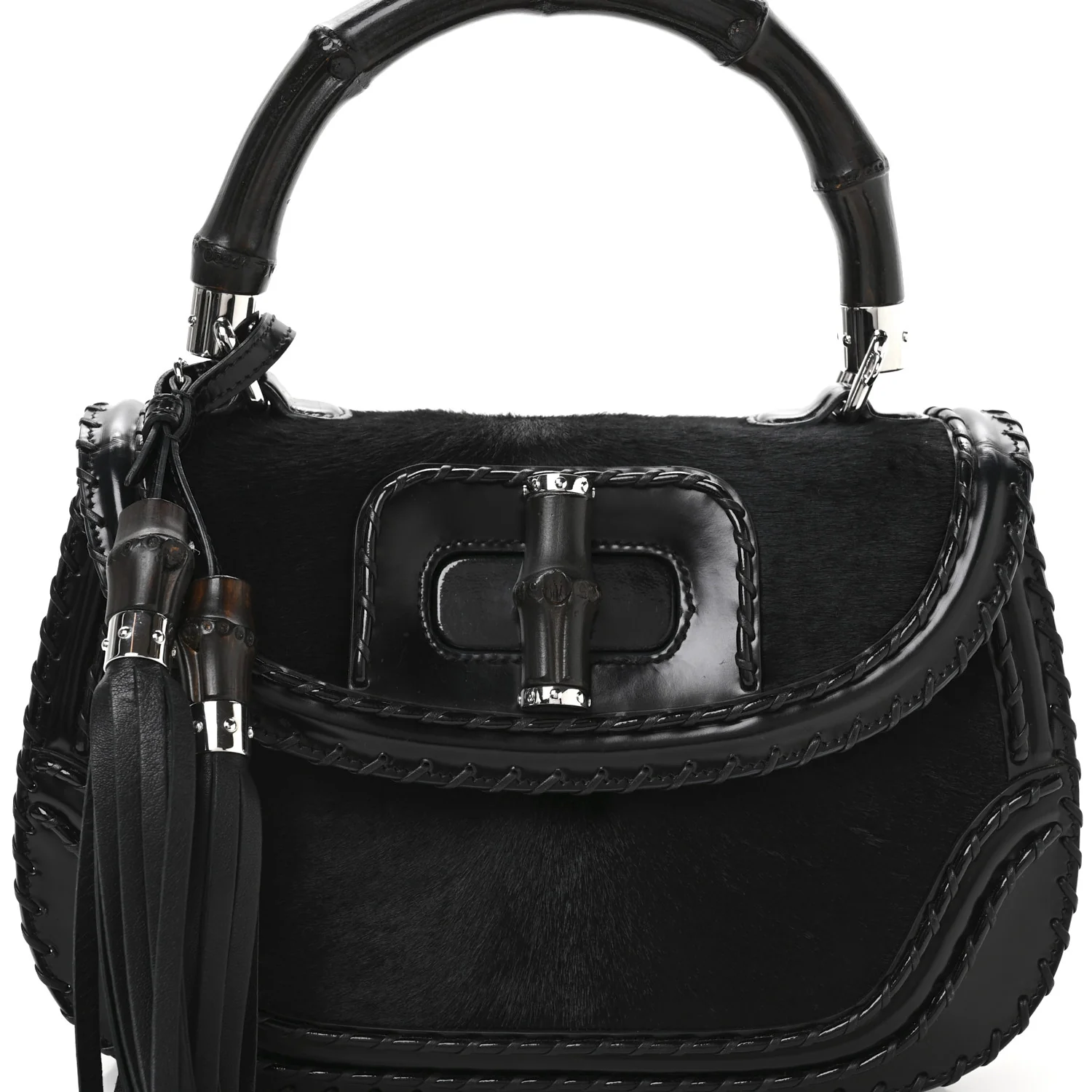 Pony Hair New Bamboo Medium Top Handle Bag Black - Top Club