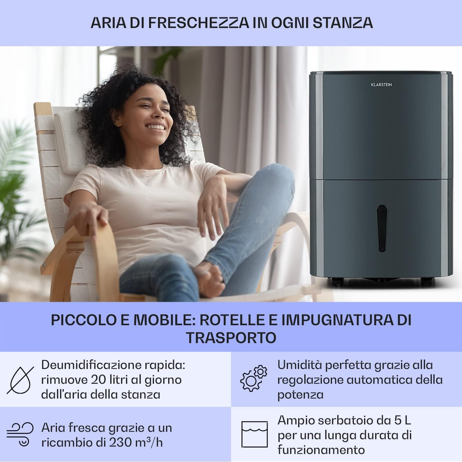 Klarstein DryFy 20 Deumidificatore Casa per Muffa e Umidità Silenzioso, Portatile, Smart, Deumidificatore Ambiente Professionale Elettrico Basso Consumo, WiFi 20L con Display LED