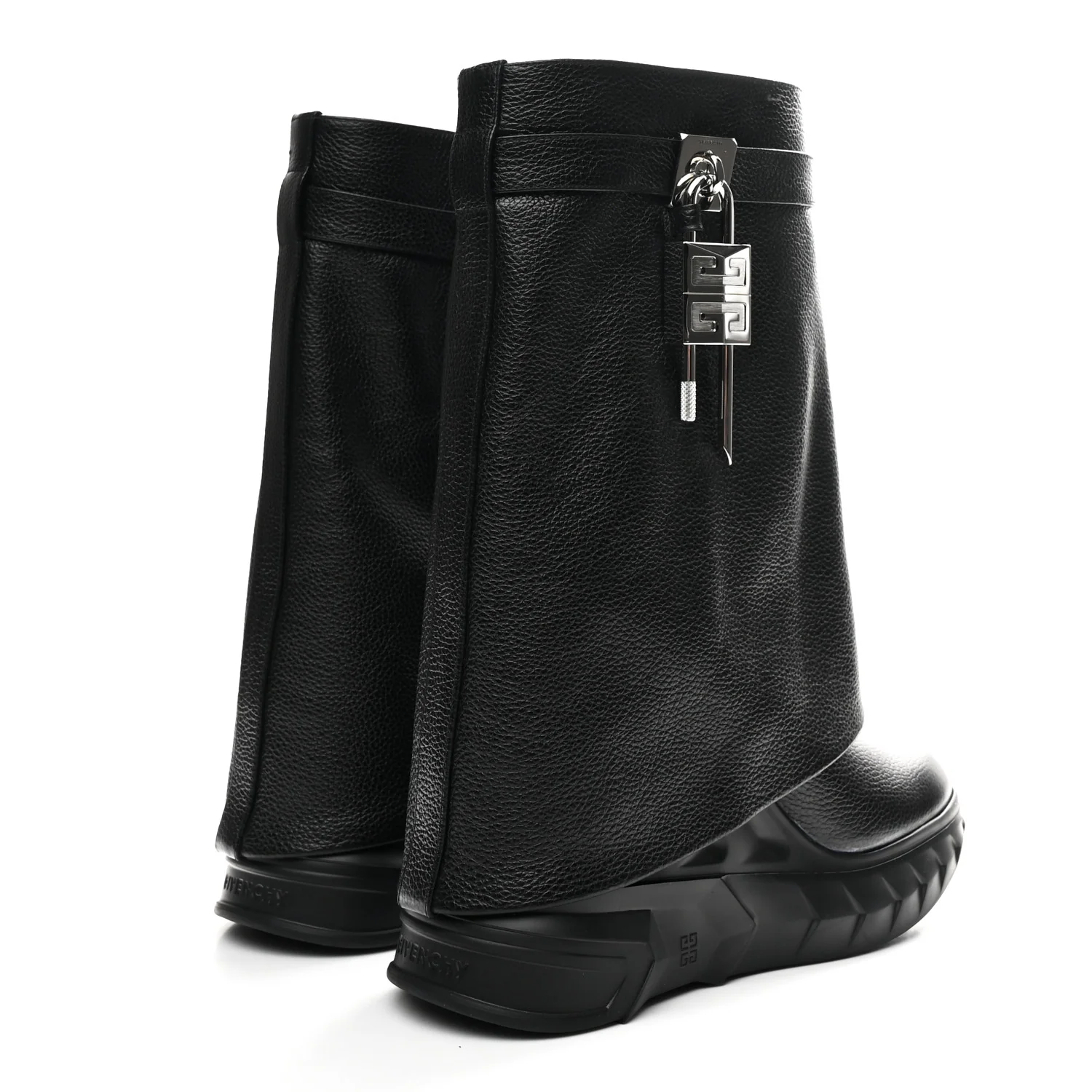 Grained Calfskin Shark Lock Biker Ankle Boots 38 Black - Top Club