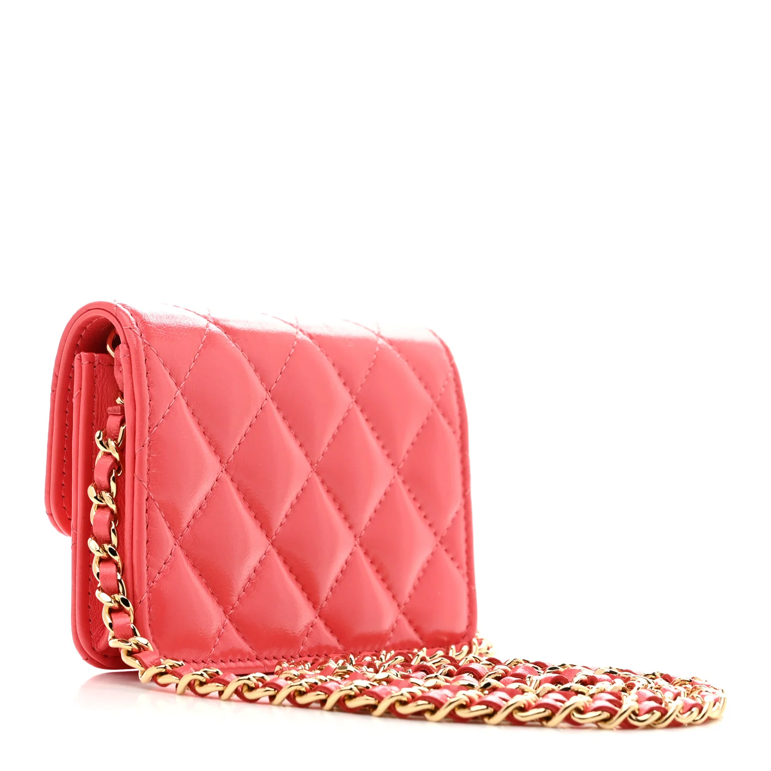 Shiny Lambskin Quilted Card Holder On Chain Pink - Top Club