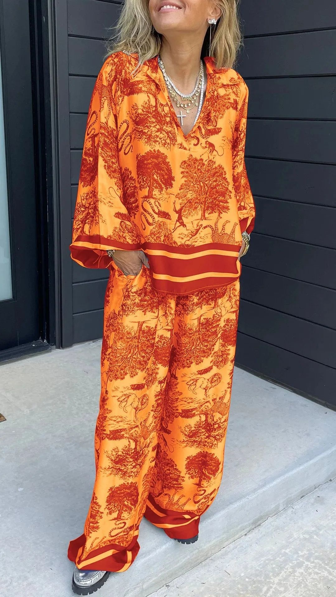 Women's Casual V-Neck Printed Long-Sleeve Two-Piece Set with Pockets - Nordfashionstorm - Women's Clothing, Fashion for You - Nordfashionstorm.com