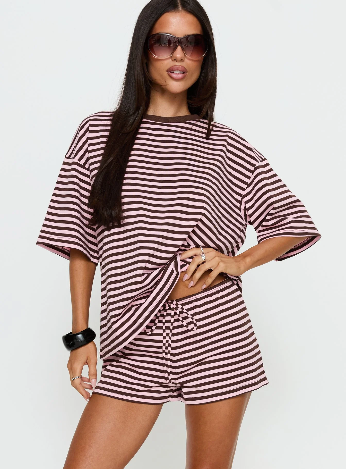 Settle Down Tie Shorts Pink / Brown Stripe