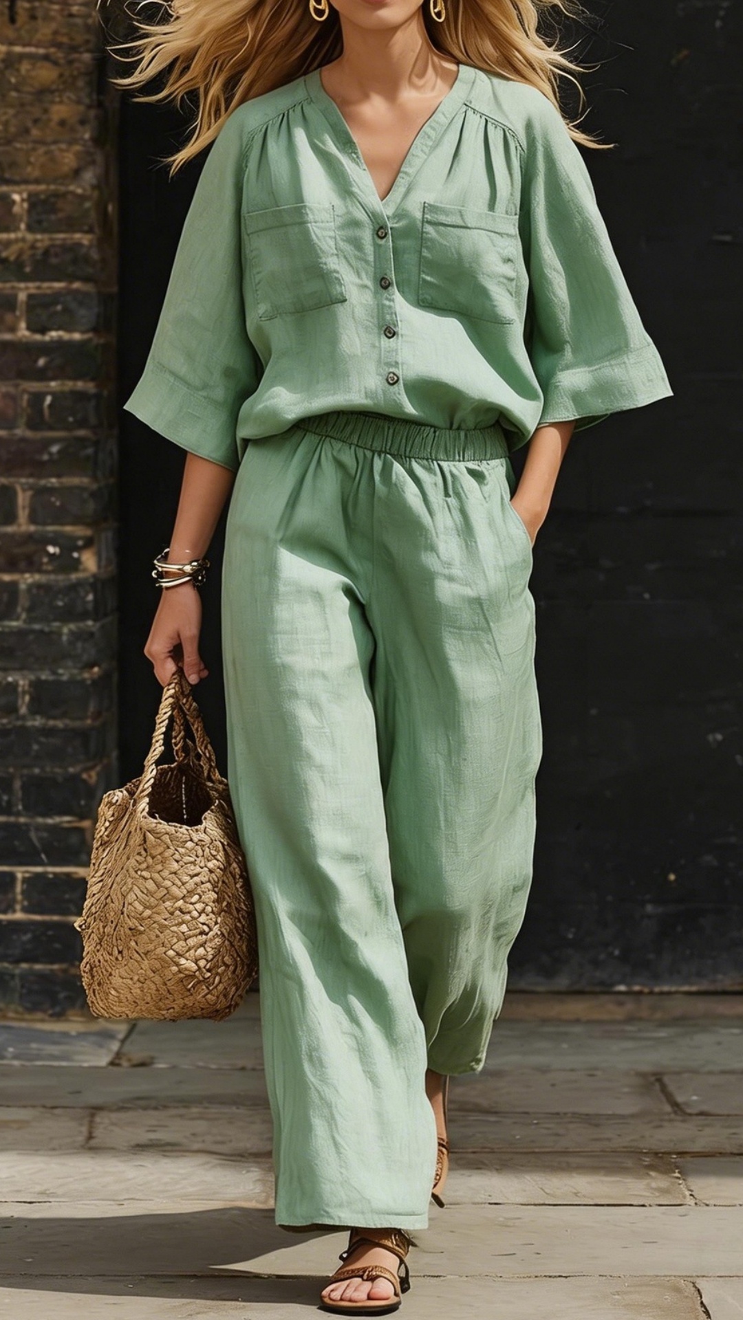 Women's Simple Linen Two-Piece Set: Button-Up Top and Wide-Leg Pants - Nordfashionstorm - Women's Clothing, Fashion for You - Nordfashionstorm.com