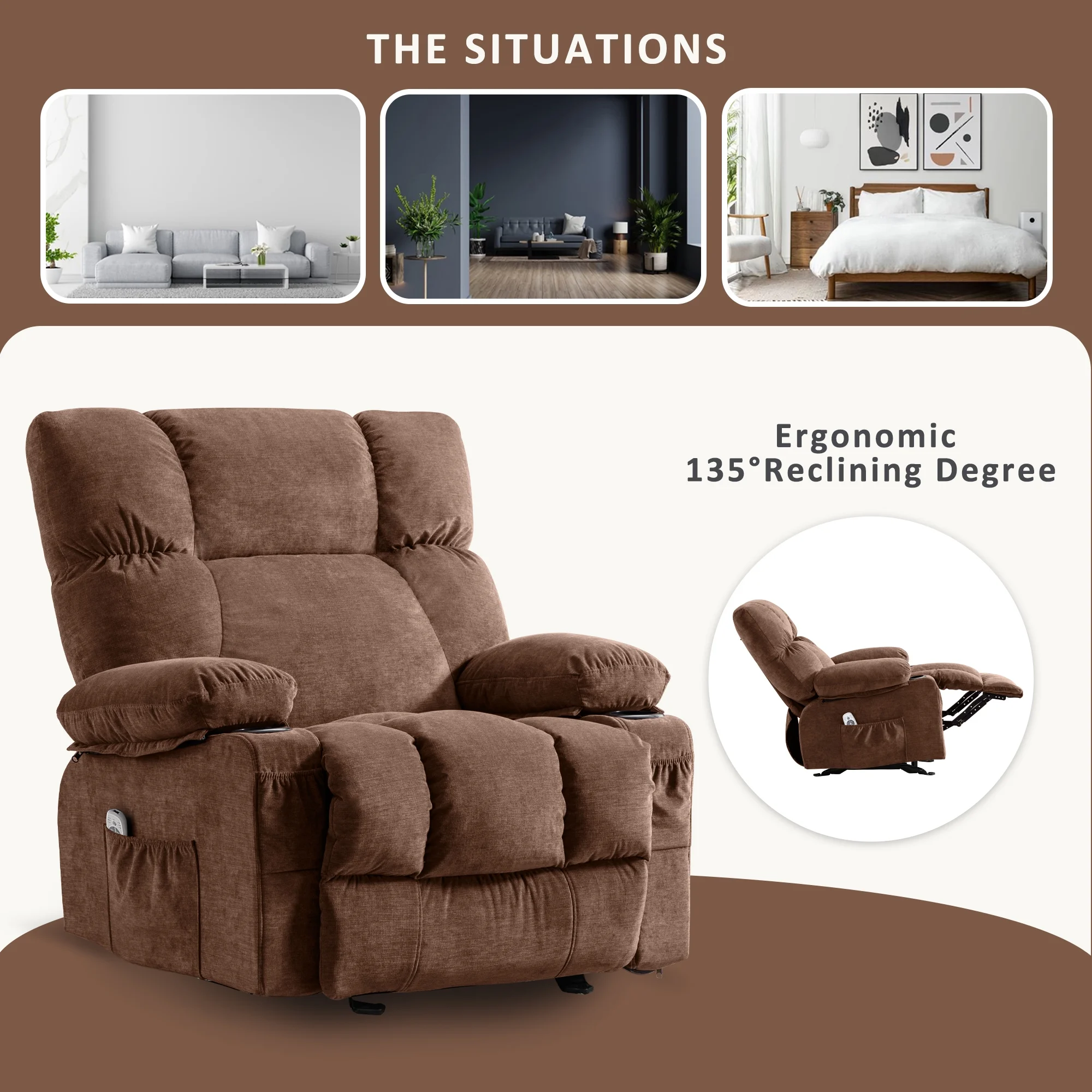 JONPONY Manual Recliner Chair with Heat Therapy and Massage Function, Heavy Duty Reclining Mechanism Massage Chair, Elderly Single Rocker Sofa with Cup Holders for Bedroom Home Theater, Grey