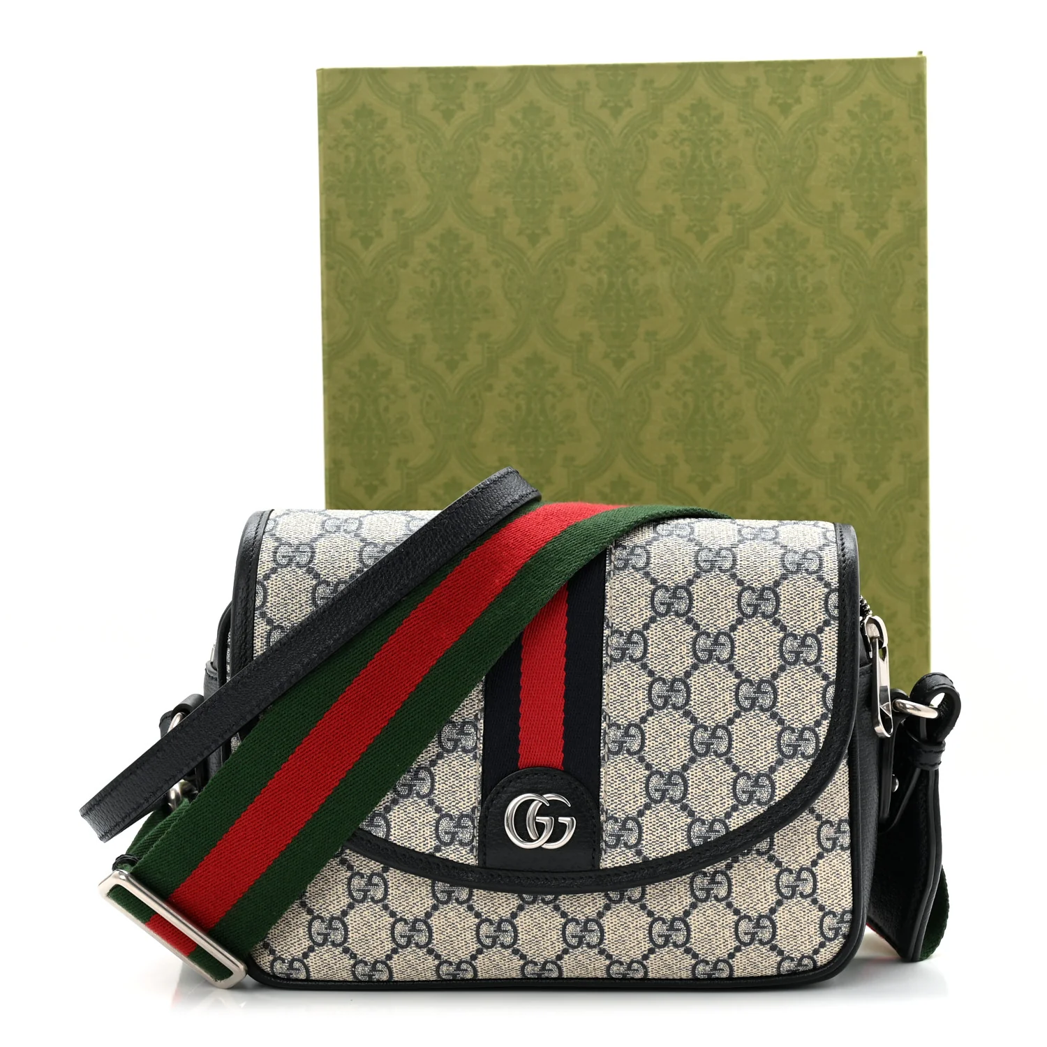 GG Supreme Monogram Textured Dollar Calfskin Web Studded Mini Ophidia Flap Shoulder Bag Beige Blue - Top Club