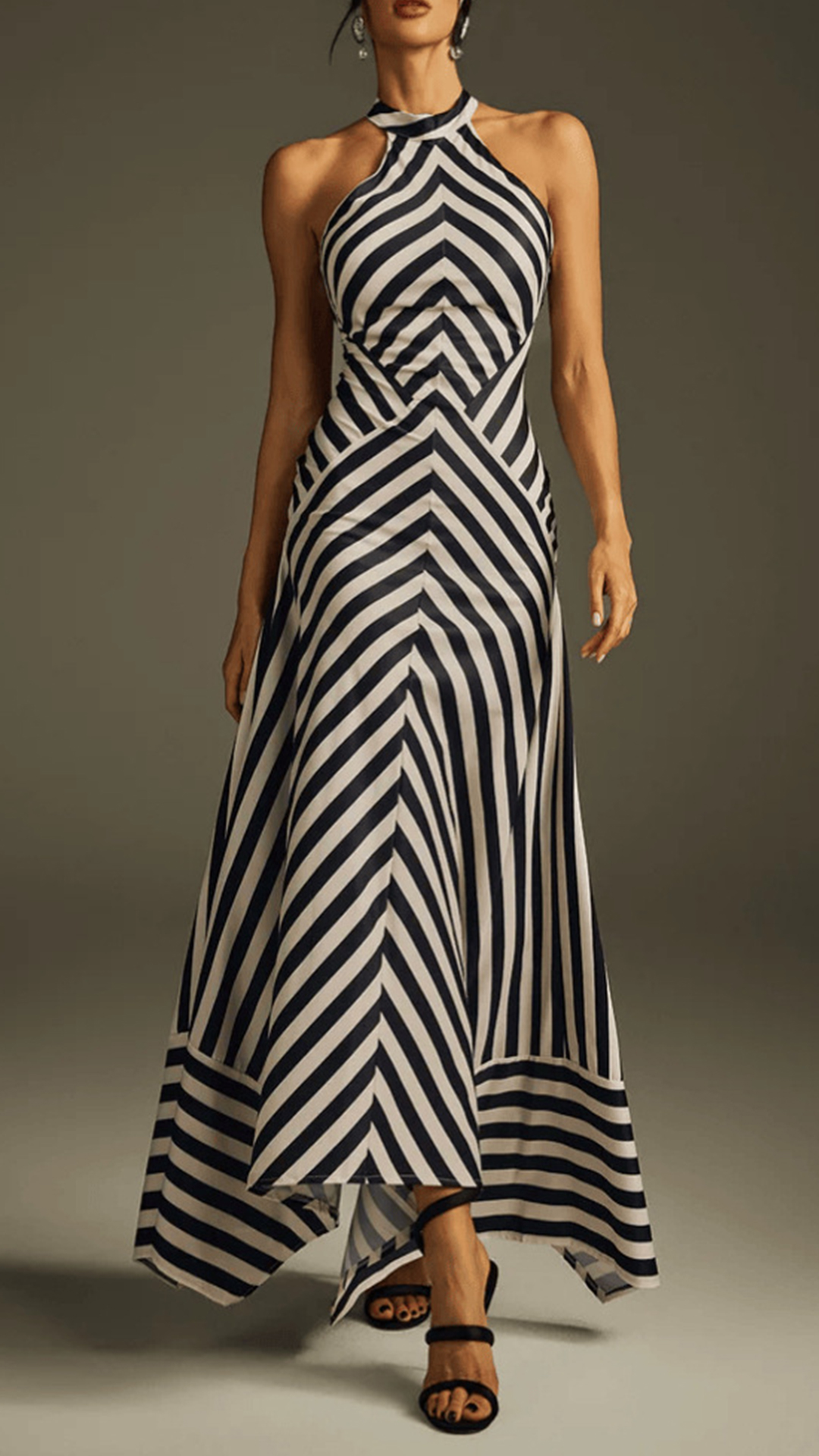 Women's Black & White Striped Halter Cotton-Blend Waisted Asymmetrical Maxi Dress - Nordfashionstorm - Women's Clothing, Fashion for You - Nordfashionstorm.com