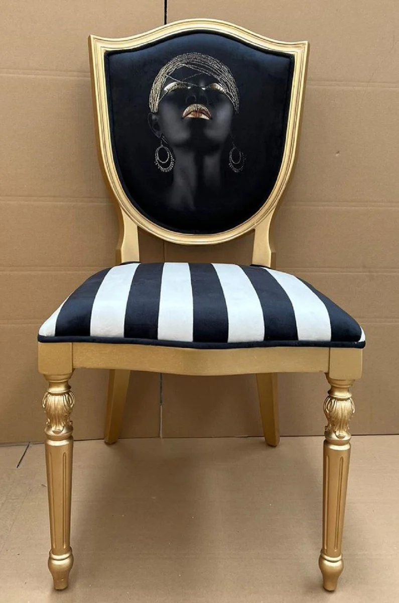 Luxury Art Deco Dining Room Chair with Design and Stripes Black / White / Gold - Elegant Solid Wood Chair - Art Deco Dining Room Furniture