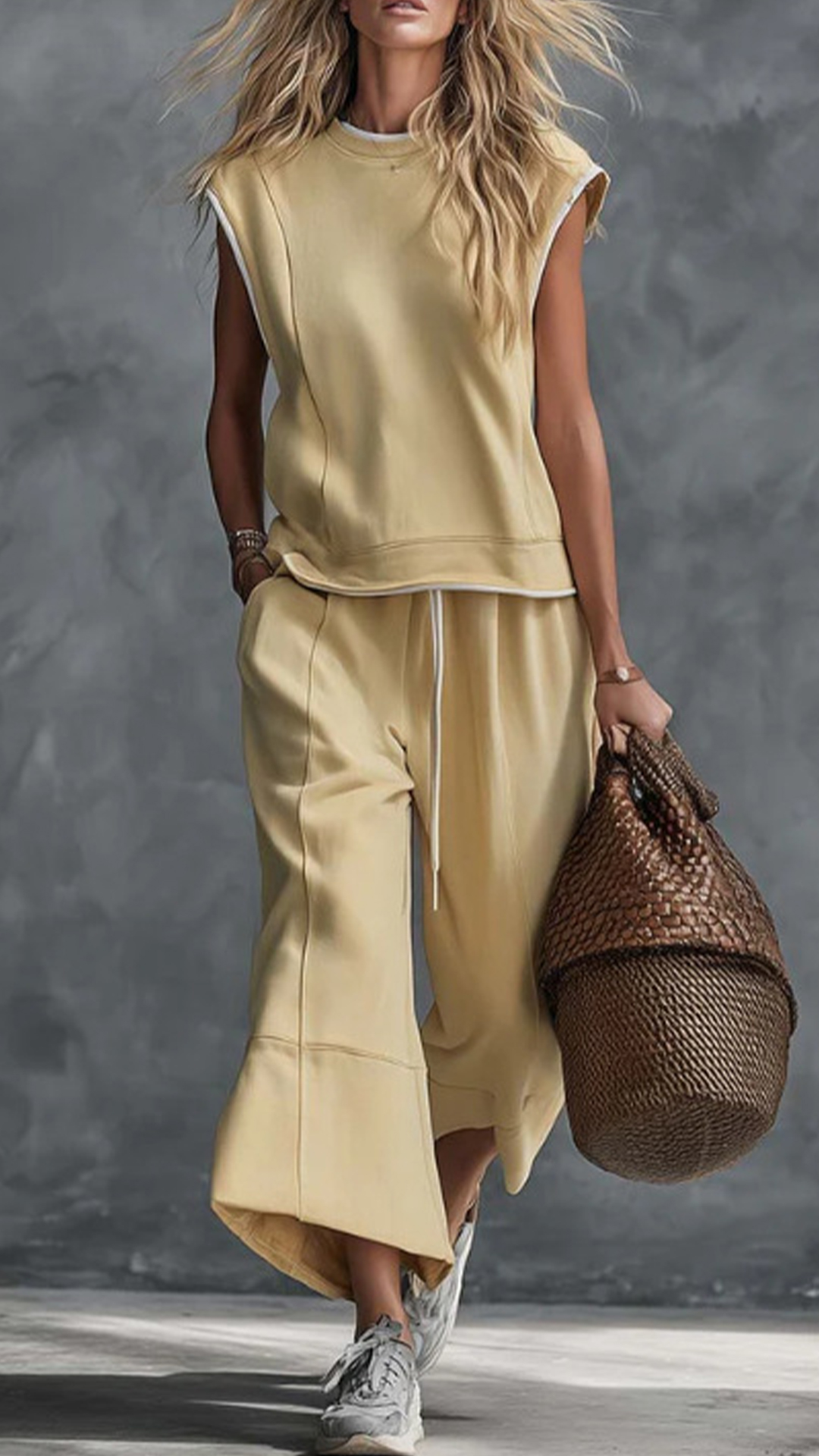 Women's Navy Sleeveless Wide-Leg Cotton-blend Two-piece Outfit - Nordfashionstorm - Women's Clothing, Fashion for You - Nordfashionstorm.com