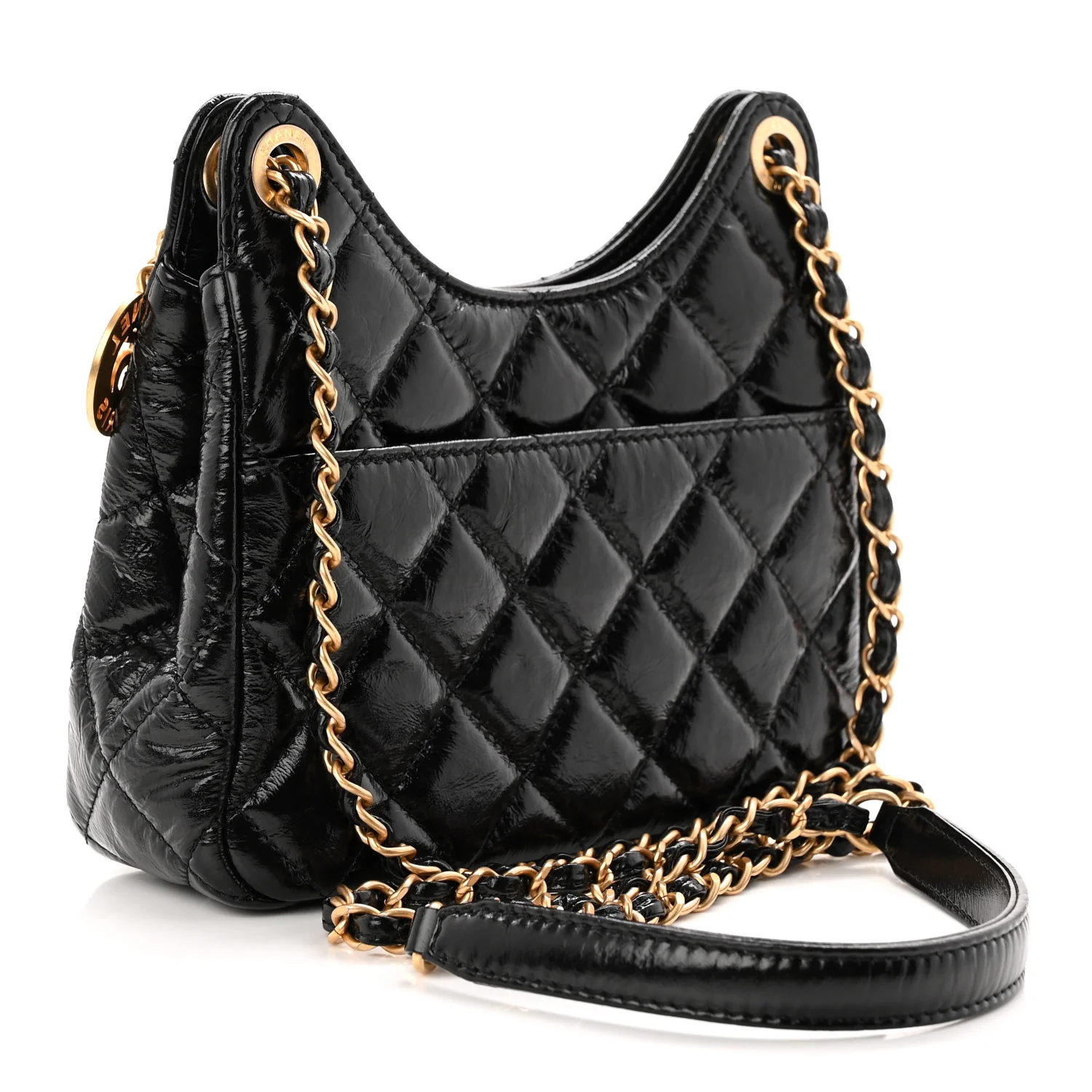 Shiny Crumpled Calfskin Quilted Small Wavy CC Hobo Black - Top Club