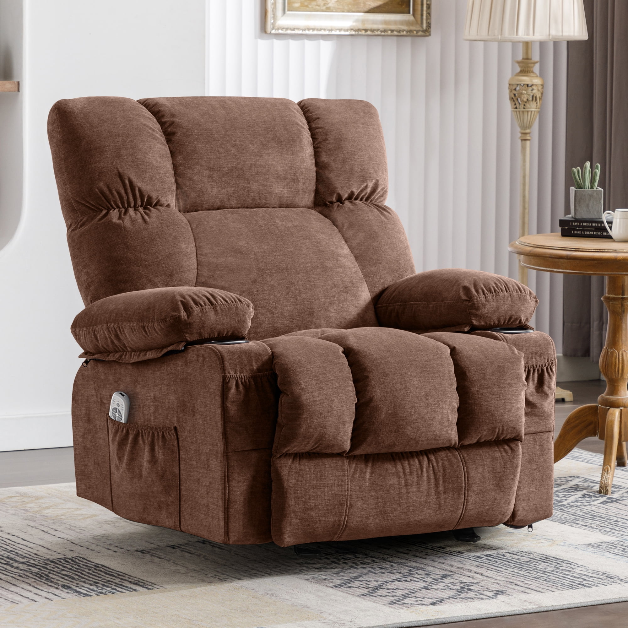 JONPONY Manual Recliner Chair with Heat Therapy and Massage Function, Heavy Duty Reclining Mechanism Massage Chair, Elderly Single Rocker Sofa with Cup Holders for Bedroom Home Theater, Grey