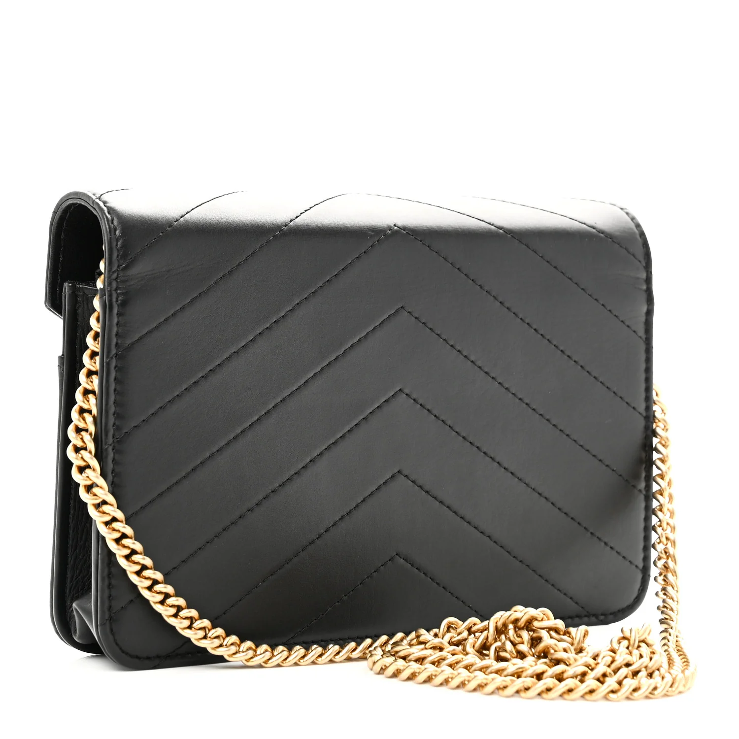 Calfskin Elaphe Double Chevron Mini Wallet On Chain WOC Black - Top Club