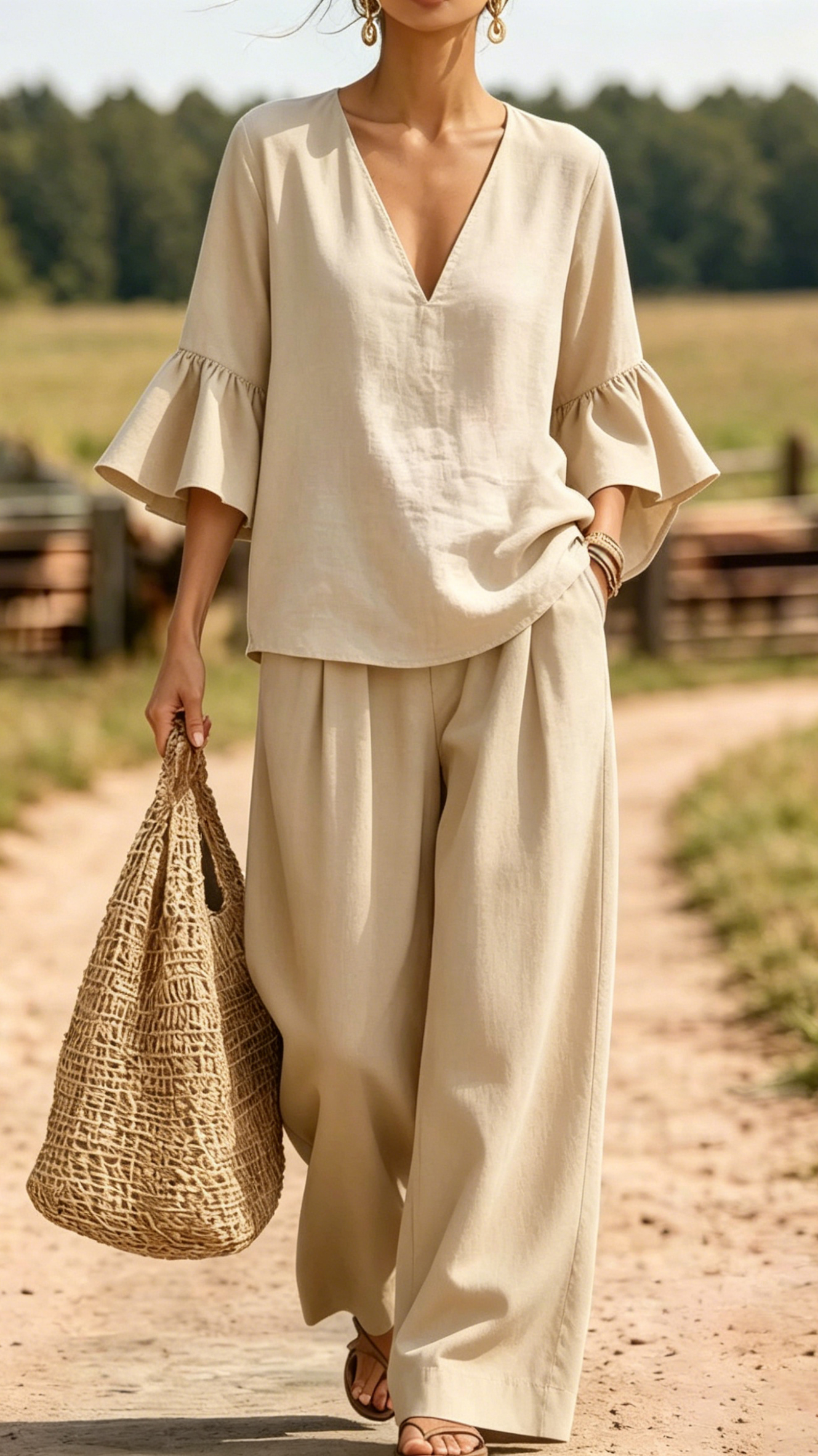 Women's Casual & Comfortable Two-Piece Set: V-Neck Top with Ruffle Sleeves and Wide-Leg Pants - Nordfashionstorm - Women's Clothing, Fashion for You - Nordfashionstorm.com