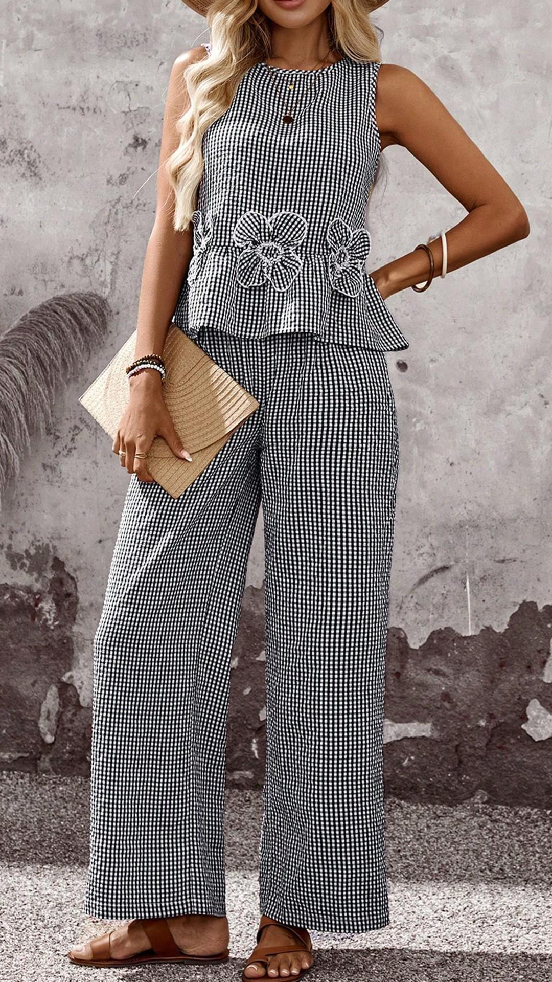 Women's Sleeveless Gingham Peplum Top & Wide Leg Pants Polyester Set - Nordfashionstorm - Women's Clothing, Fashion for You - Nordfashionstorm.com