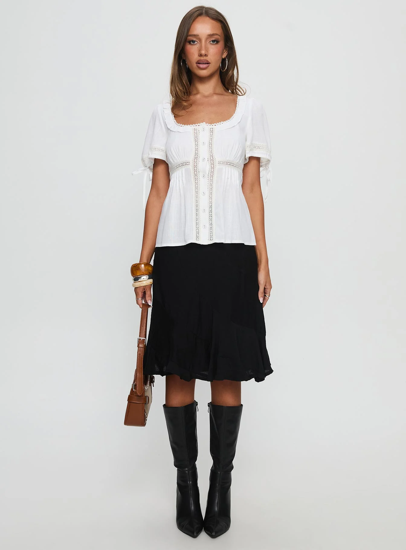 Indianah Pleat Lace Panel Blouse Top White