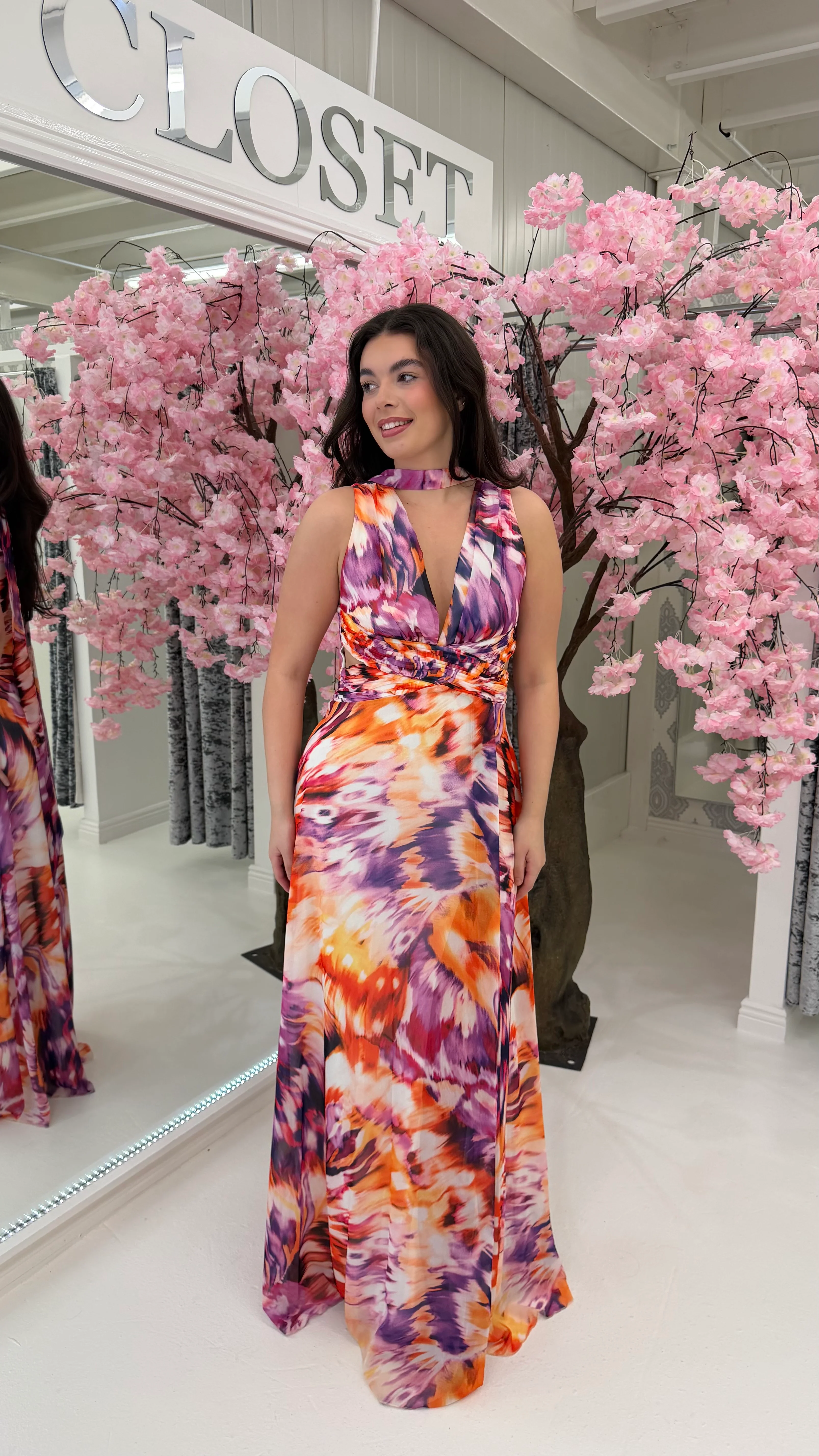 Purple / Orange Printed V-Neck Maxi Dress