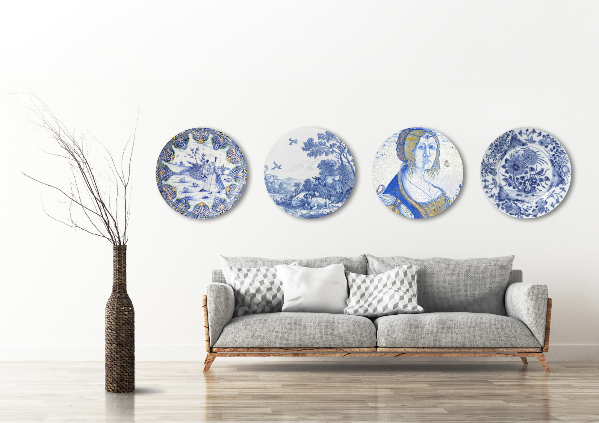 Rond schilderij aluminium Delfts blauwe borden 15