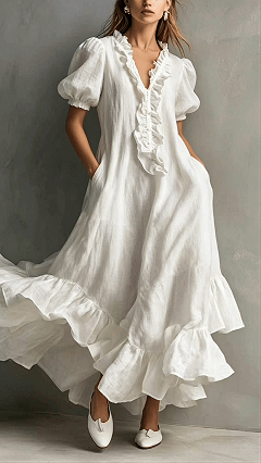 Women's Cotton-Blend Ruffled V-Neck Puff Sleeve Maxi Dress - Nordfashionstorm - Women's Clothing, Fashion for You - Nordfashionstorm.com