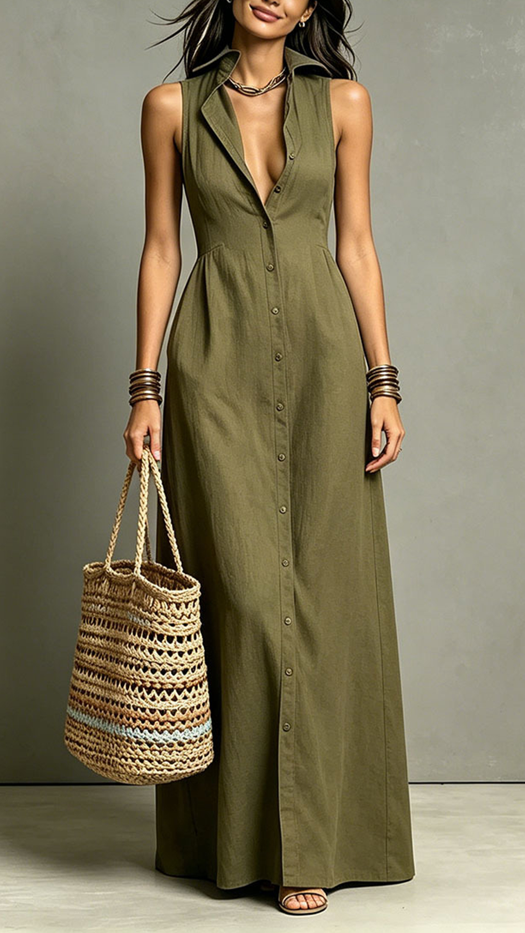 Women's Cotton‑blend Collared Sleeveless Single‑breasted Waist‑cinched Maxi Dress - Nordfashionstorm - Women's Clothing, Fashion for You - Nordfashionstorm.com