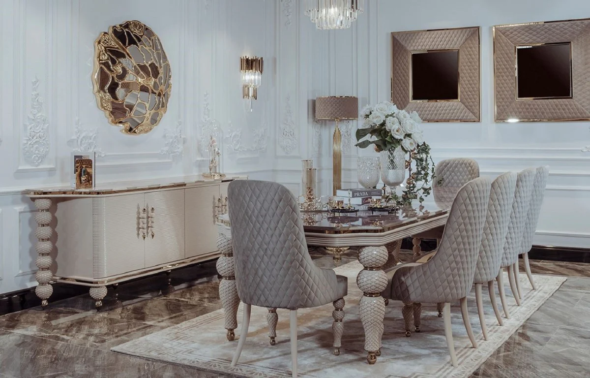 Luxury Art Deco dining table gray / white / gold 260 x 113 x H. 79 cm - Magnificent Art Deco dining room table with artificial marble table top - Art Deco dining room furniture - Luxury quality