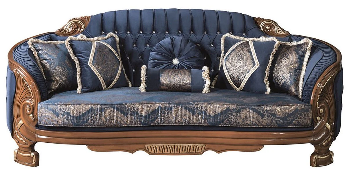 Luxury baroque living room sofa with glittering stones and decorative pillows blue / brown 240 x 90 x H. 105 cm - noble & magnificent