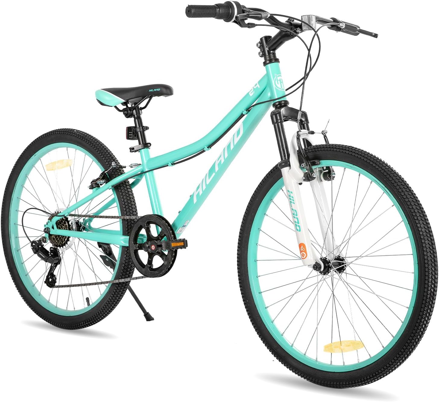 HILAND Climber Mountain bike per bambini, 24 pollici, 7 velocità, con forcella ammortizzata, freni a V, unisex, Nero/Blu/Verde/Rosa
