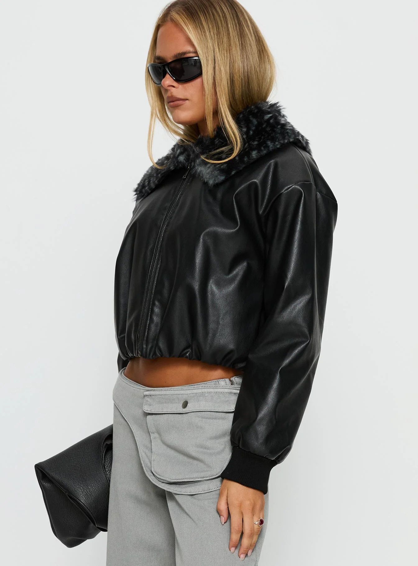 Koemi Faux Leather Collared Jacket Black