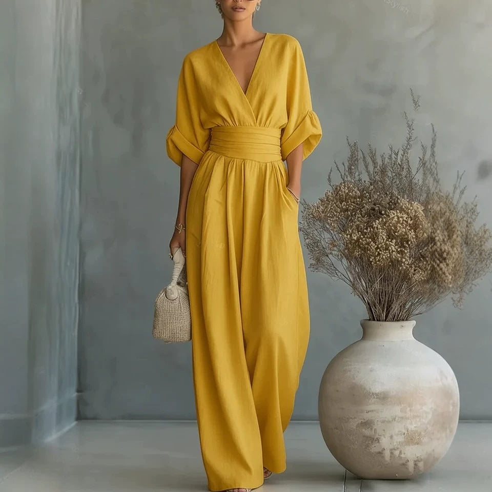 Women's Solid-Color V-Neck Jumpsuit - Nordfashionstorm - Women's Clothing, Fashion for You - Nordfashionstorm.com