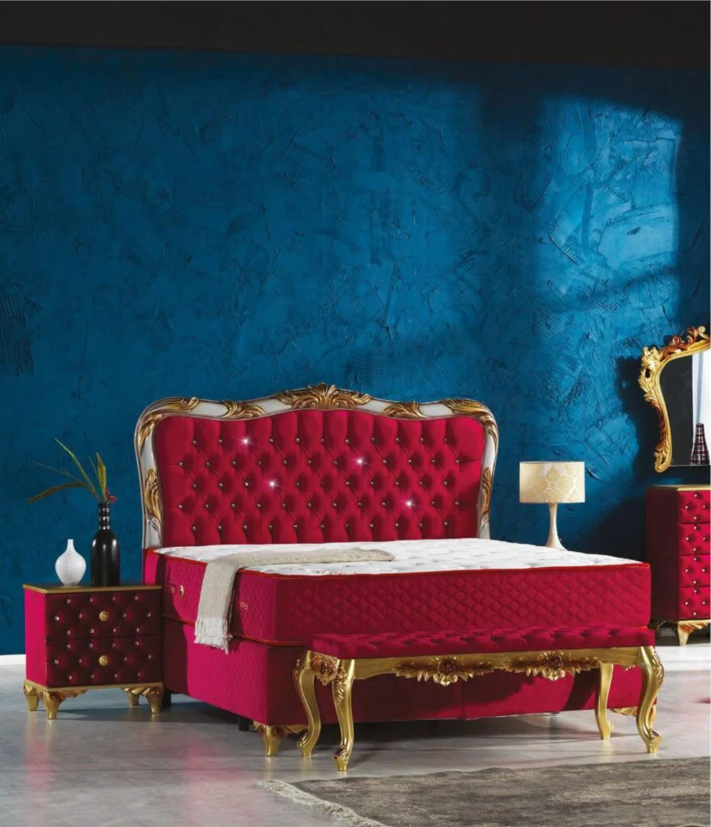 Baroque velvet bed burgundy red / silver / gold - magnificent double bed with rhinestones and mattress - bedroom furniture in the baroque style