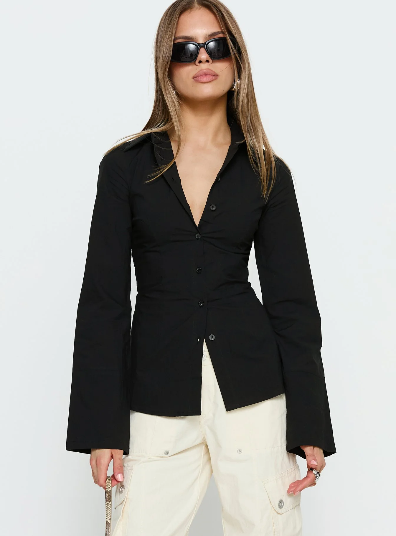 Lesper Long Sleeve Tie Back Top Black