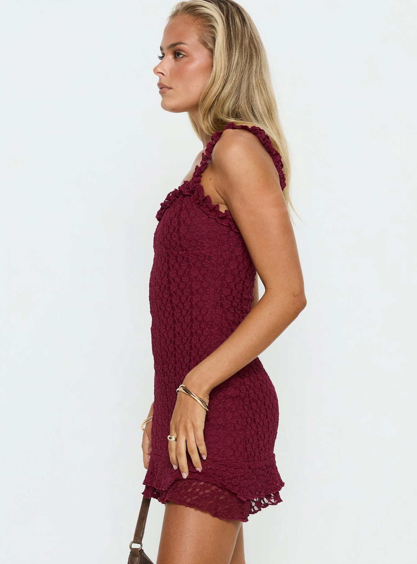 Steffi Frill Lace Mini Dress Burgundy