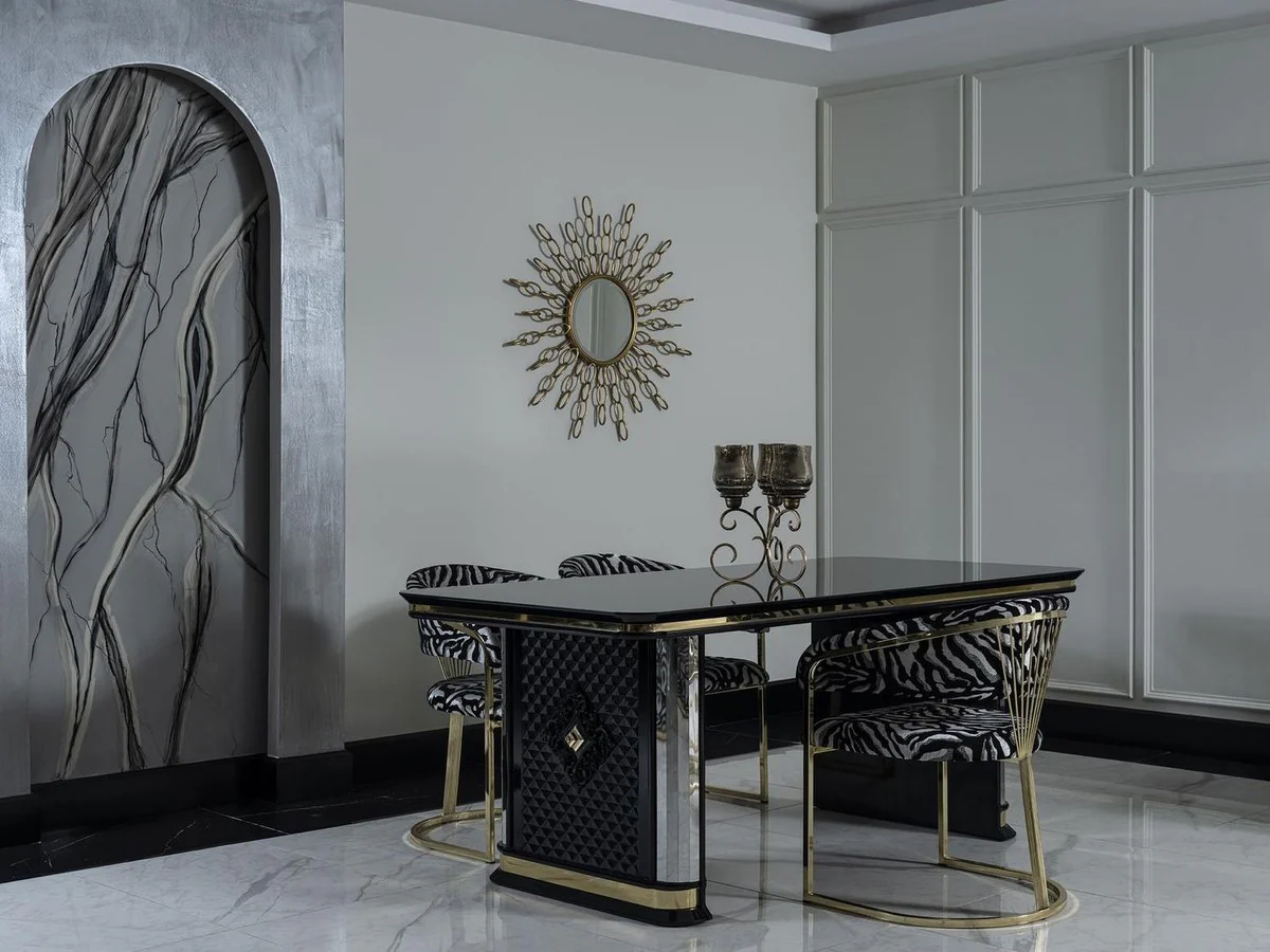 Luxury Art Deco Dining Table Black / Gold - Handcrafted Solid Wood Kitchen Table with Mirror Glass - Art Deco Dining Room Furniture