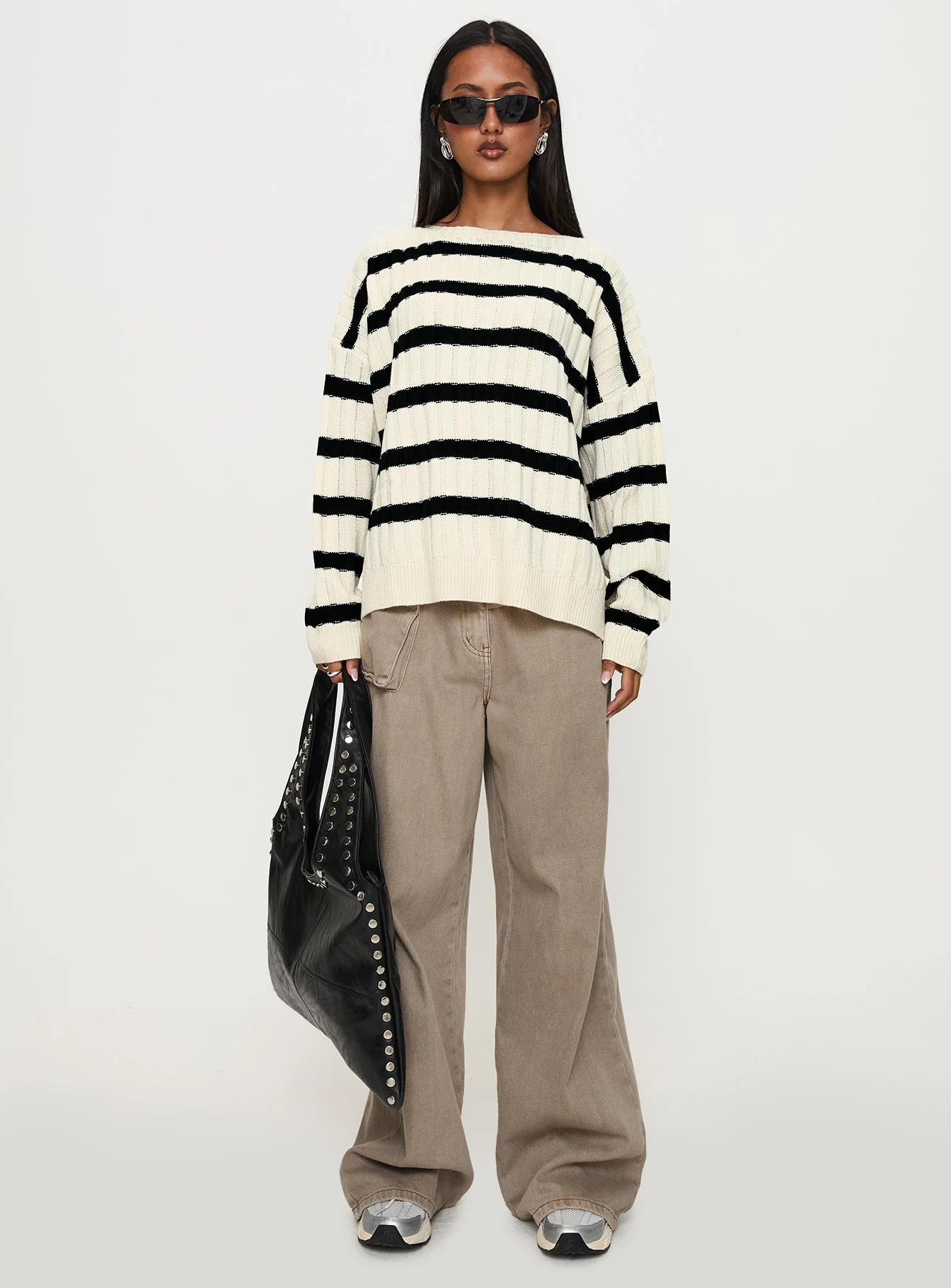 Elenita Wide Neck Knit Sweater Black / White