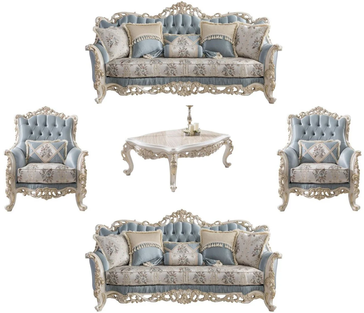 Luxury Baroque Living Room Set Light Blue / Cream / White / Gold - 2 Sofas & 2 Armchairs & 1 Coffee Table - Noble Baroque Living Room Furniture