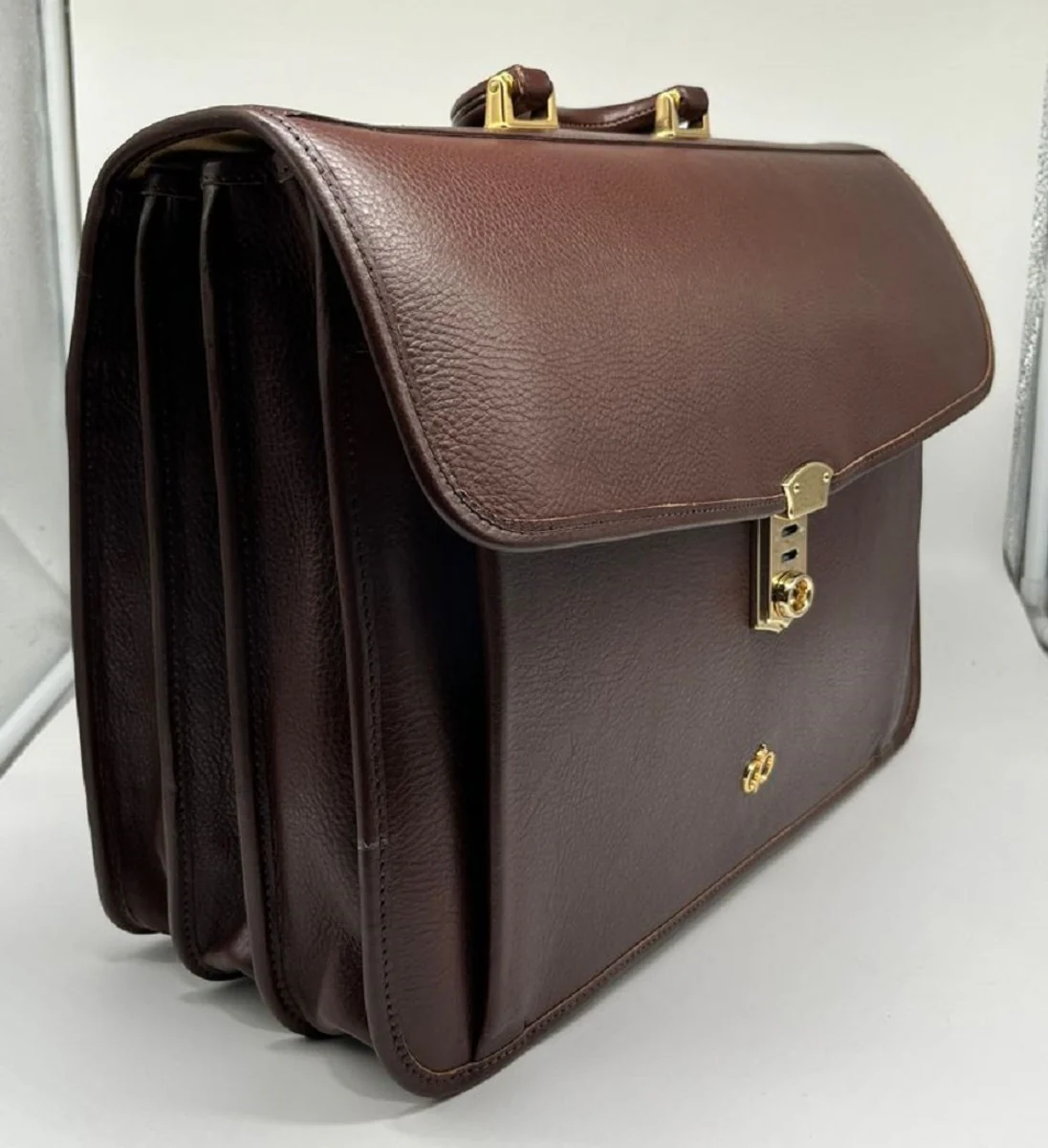 Luxury genuine leather men's briefcase dark brown / gold 42 cm - Made in Italy
