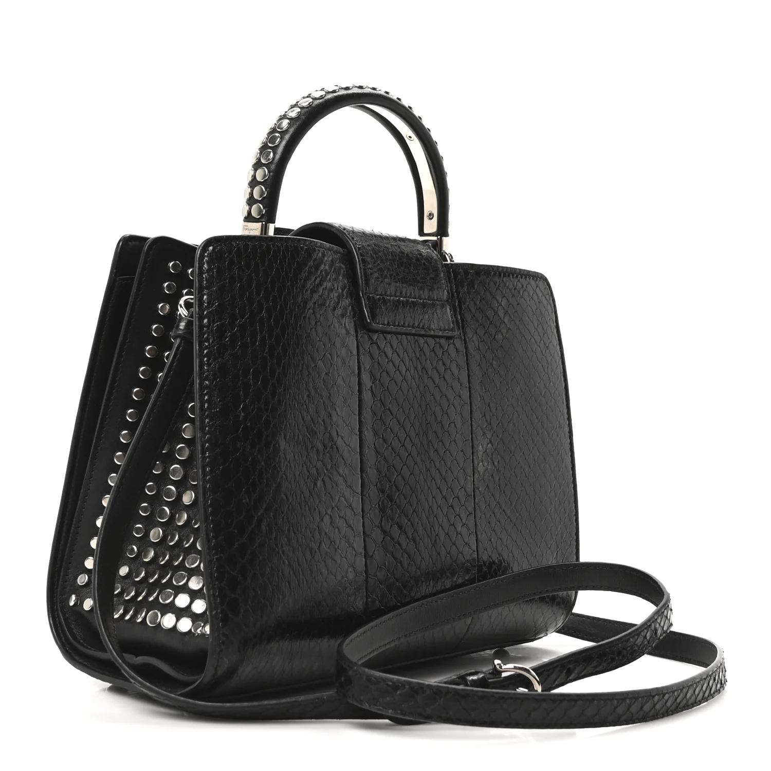 Snakeskin Studded Thalia Top Handle Black - Top Club