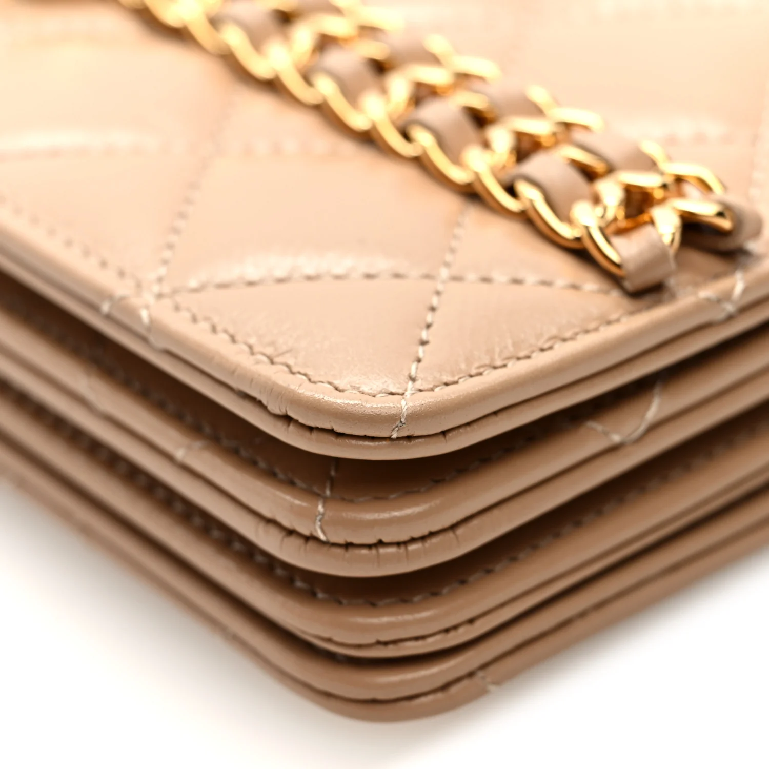 Shiny Aged Calfskin Quilted Clutch With Chain Dark Beige - Top Club