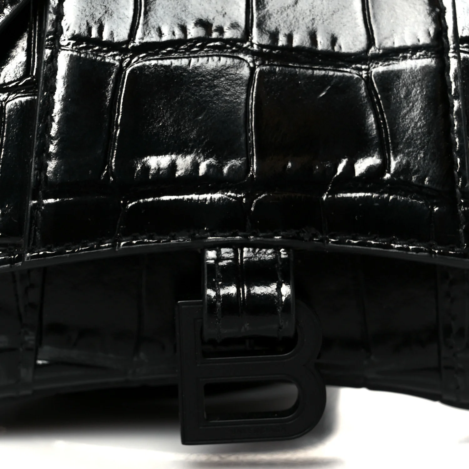 Shiny Calfskin Monochrome Crocodile Embossed Hourglass Top Handle Bag Mini Black - Top Club