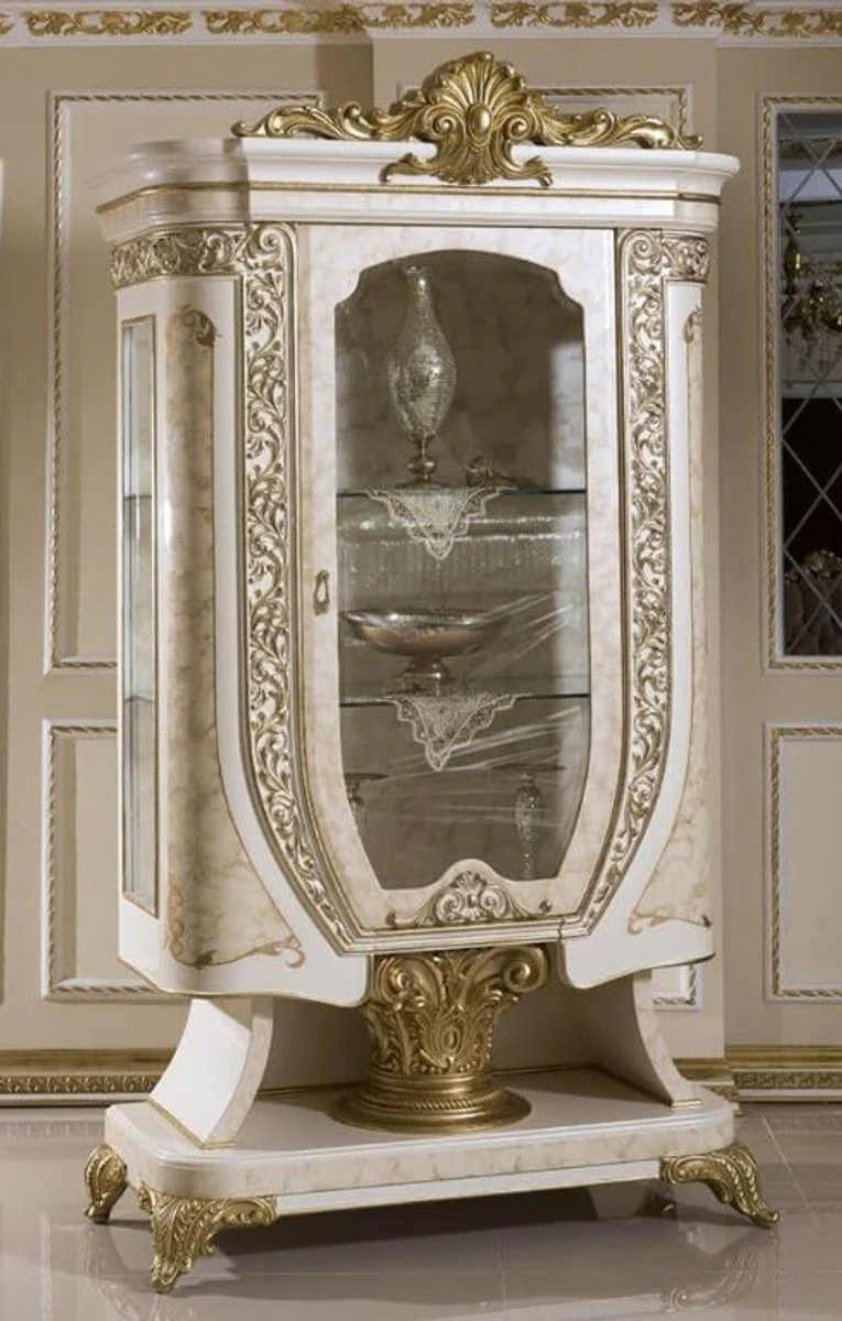 Luxury baroque display cabinet white / beige / gold - magnificent solid wood display cabinet with glass door - handmade baroque furniture - noble and magnificent