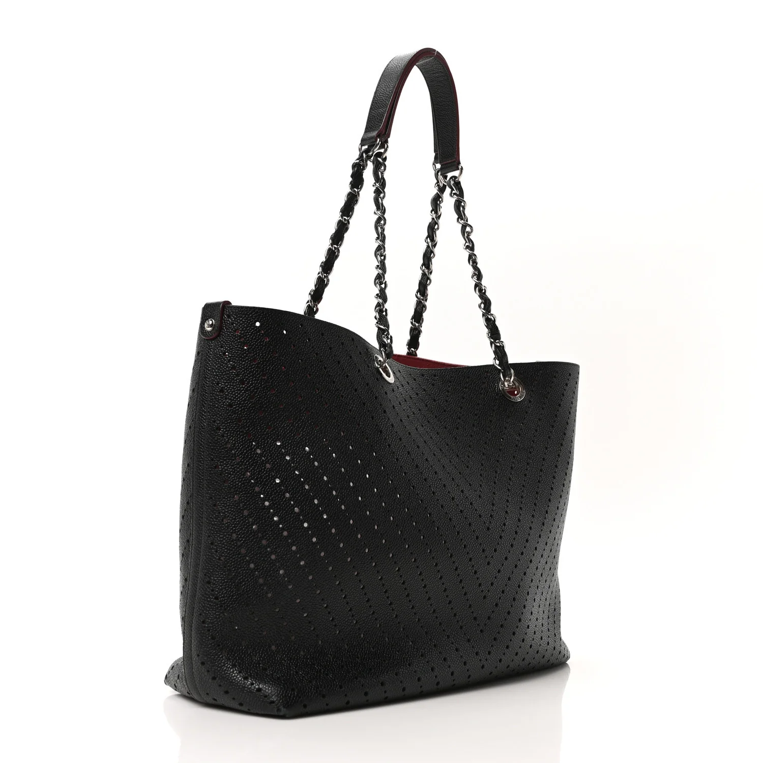Perforated Grained Calfskin Large Shopping Tote Black - Top Club