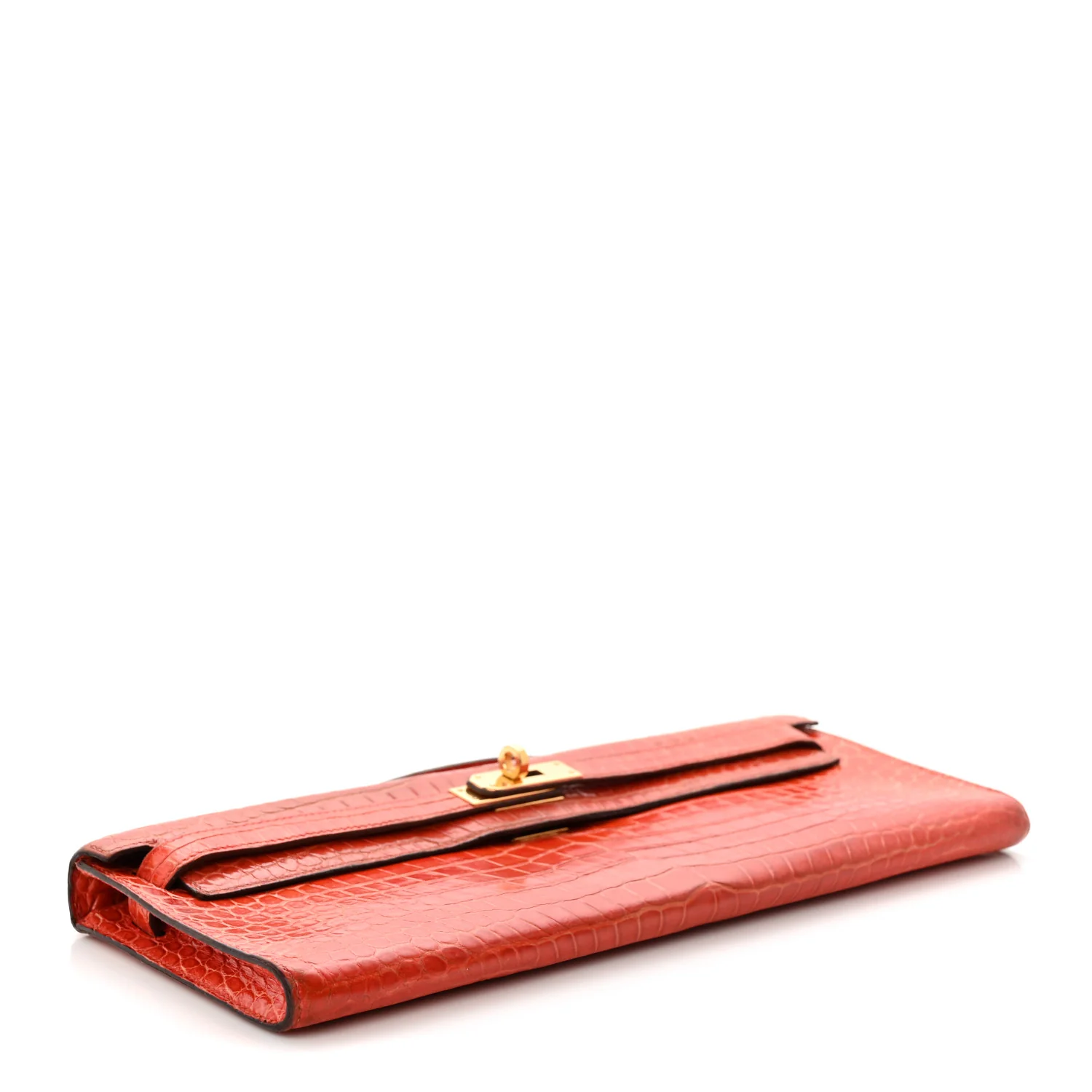 Shiny Porosus Crocodile Kelly Cut Pochette Orange Poppy - Top Club