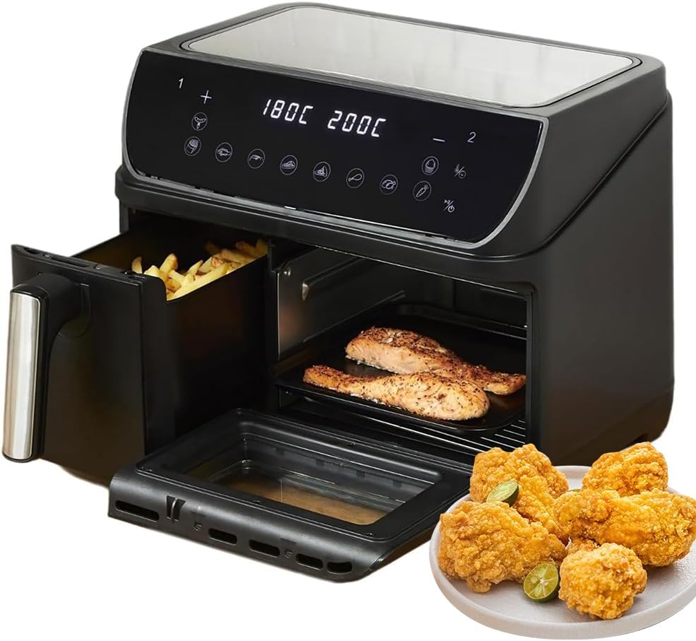 Friggitrice ad Aria con Doppio Cestello, Tostapane Friggitrice ad Aria da 12,5 Litri con Temperatura Regolabile 80-200°C, Timer 60 Minuti, Maniglia Antiscottatura, Piedini Antiscivolo, 2400 W