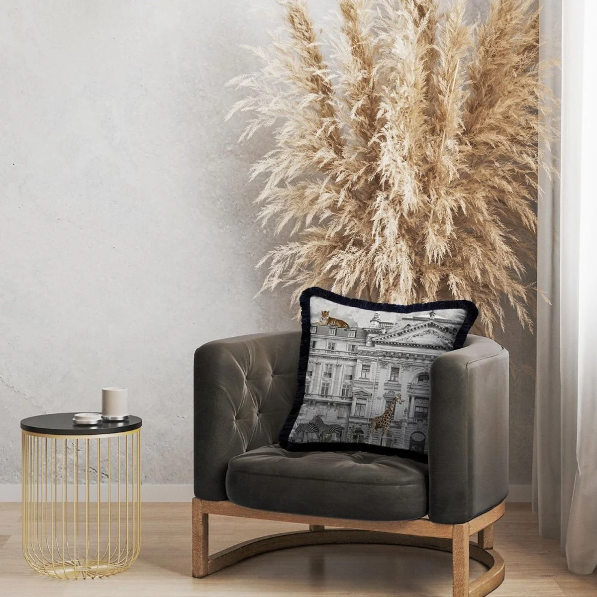 Luxury decorative cushion magnificent house & animals gray / multicolored / black 45 x 45 cm - printed velvet cushion with fringes - luxury decorative accessories