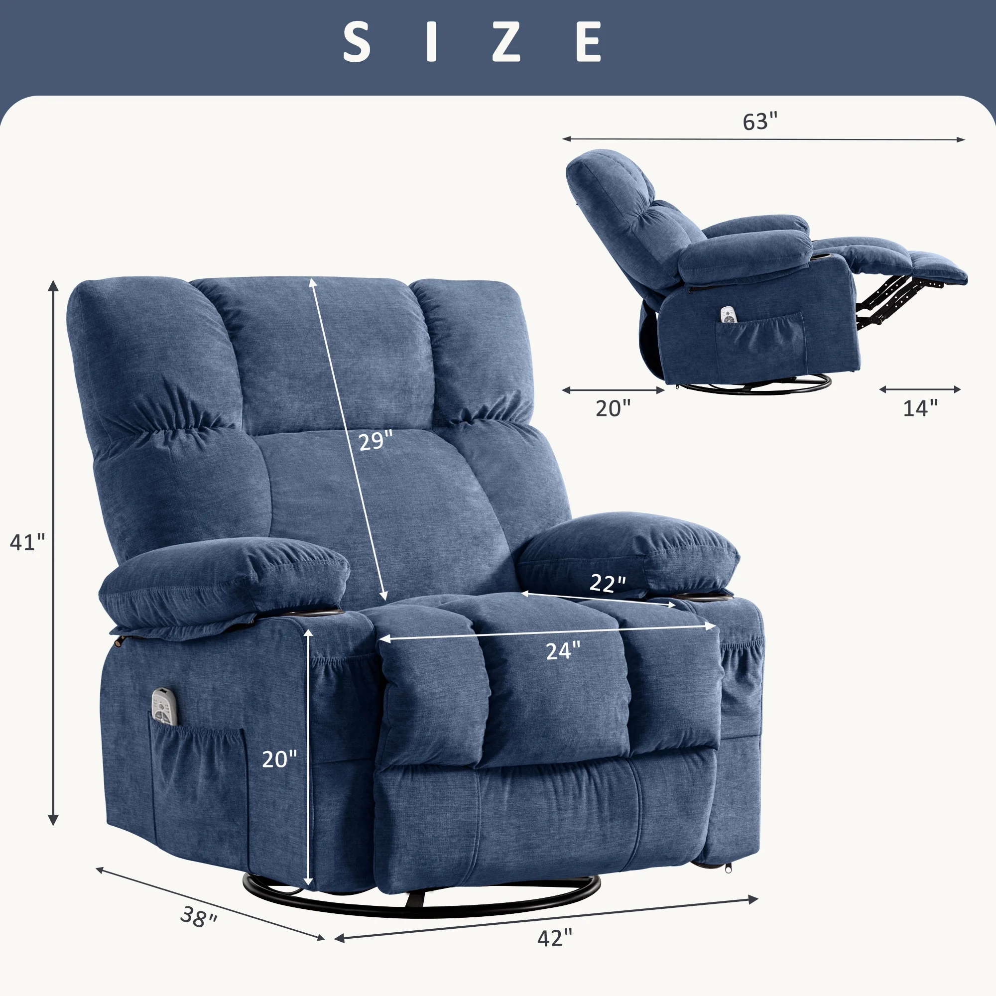 JONPONY Manual Recliner Chair with Heat Therapy and Massage Function, Heavy Duty Reclining Mechanism Massage Chair, Elderly Single Rocker Sofa with Cup Holders for Bedroom Home Theater, Grey